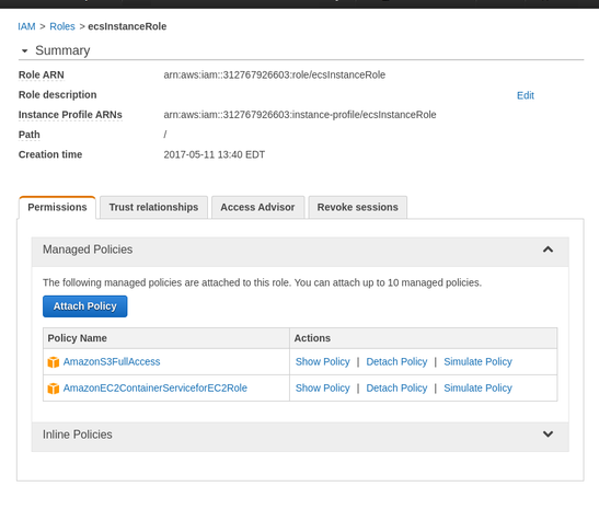 Configure IAM role for ecsInstanceRole