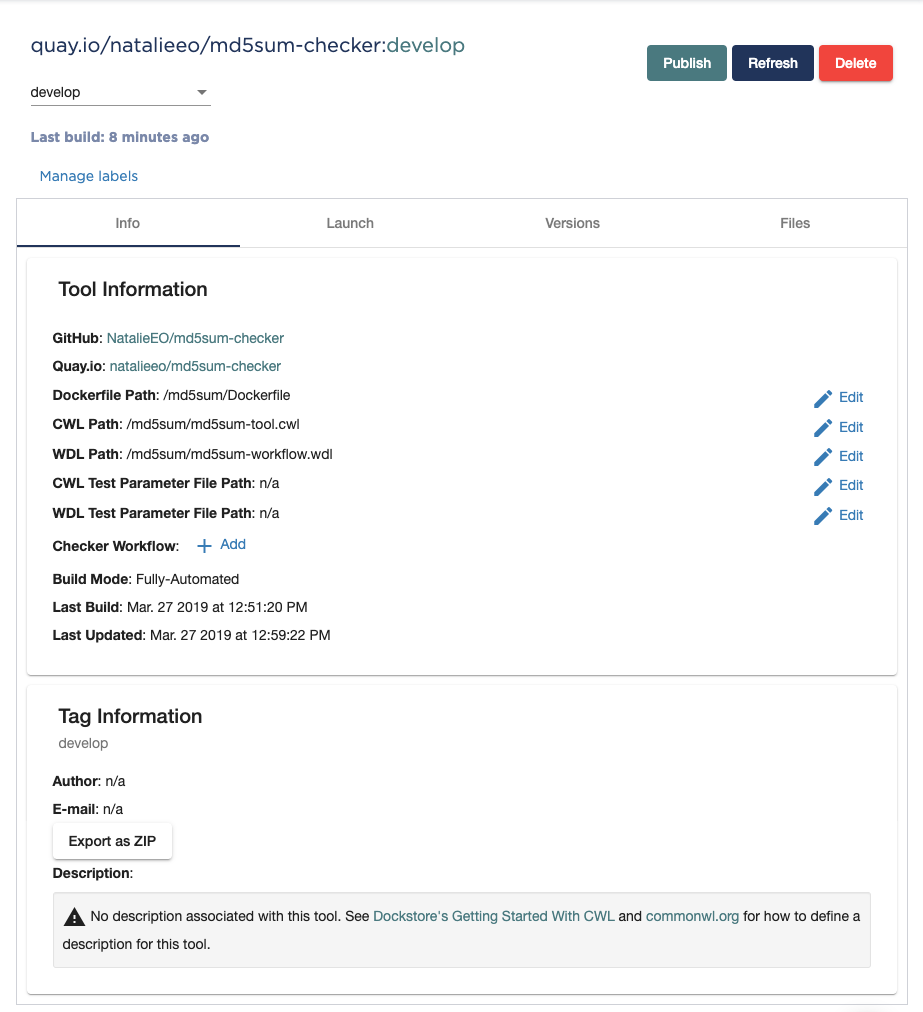 Screenshot of the workflow page in Dockstore. The add button is on the top right hand corner.