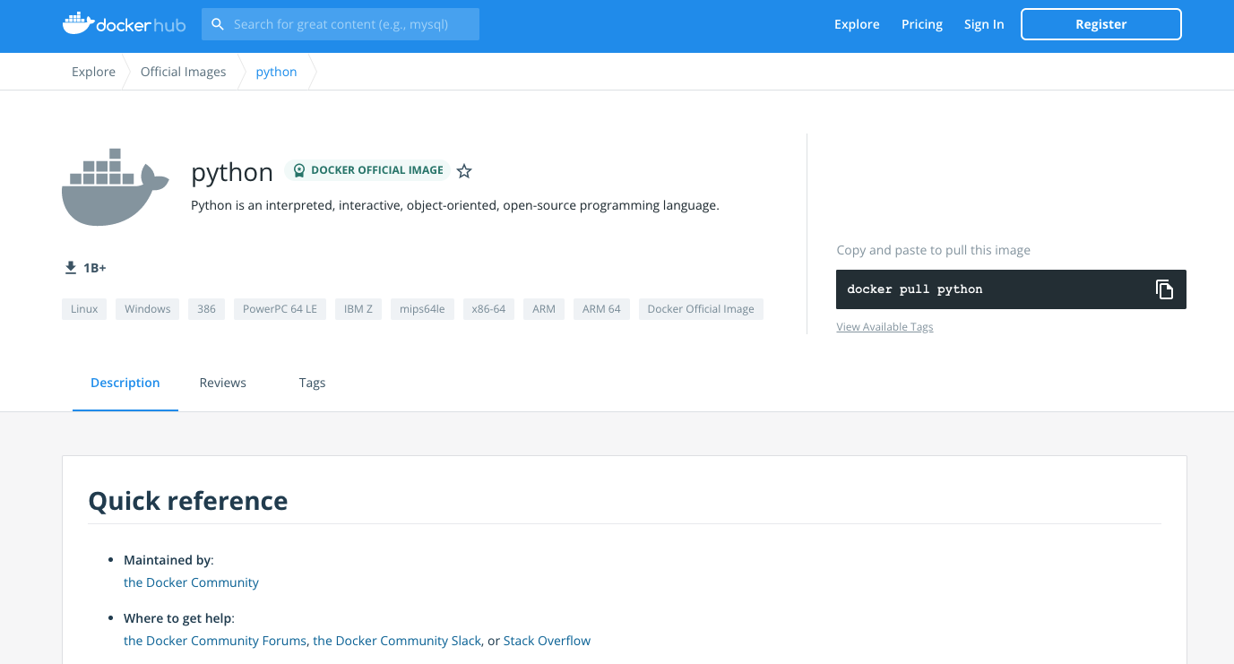 Screenshot of the Docker Hub's page for Python, which has the gray text "Copy and paste to pull this image" above a black box containing the words "docker pull python"