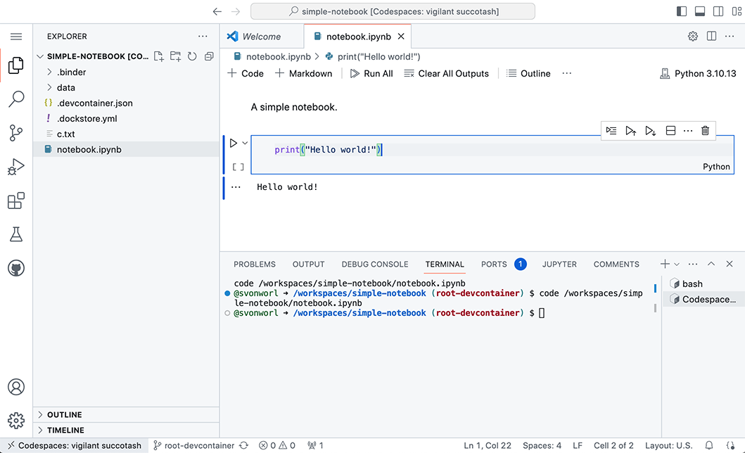 Notebook running in a Codespace