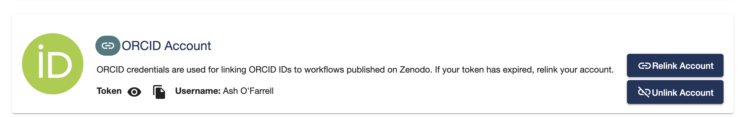 After linking ORCID to Dockstore there will be options to relink, unlink, or view your token