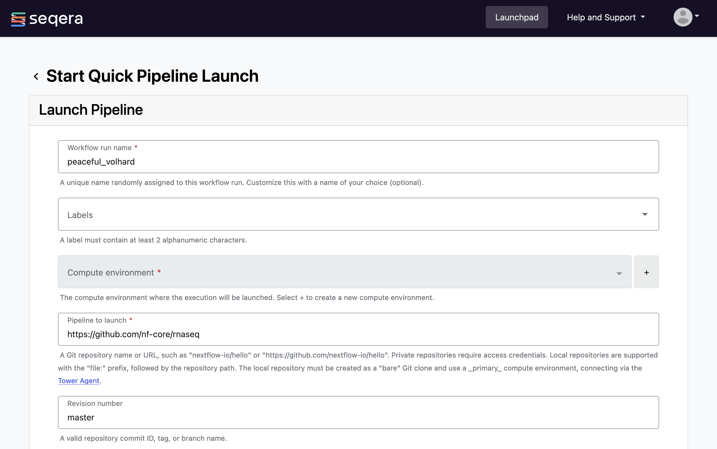 Seqera Platform workflow launch interface