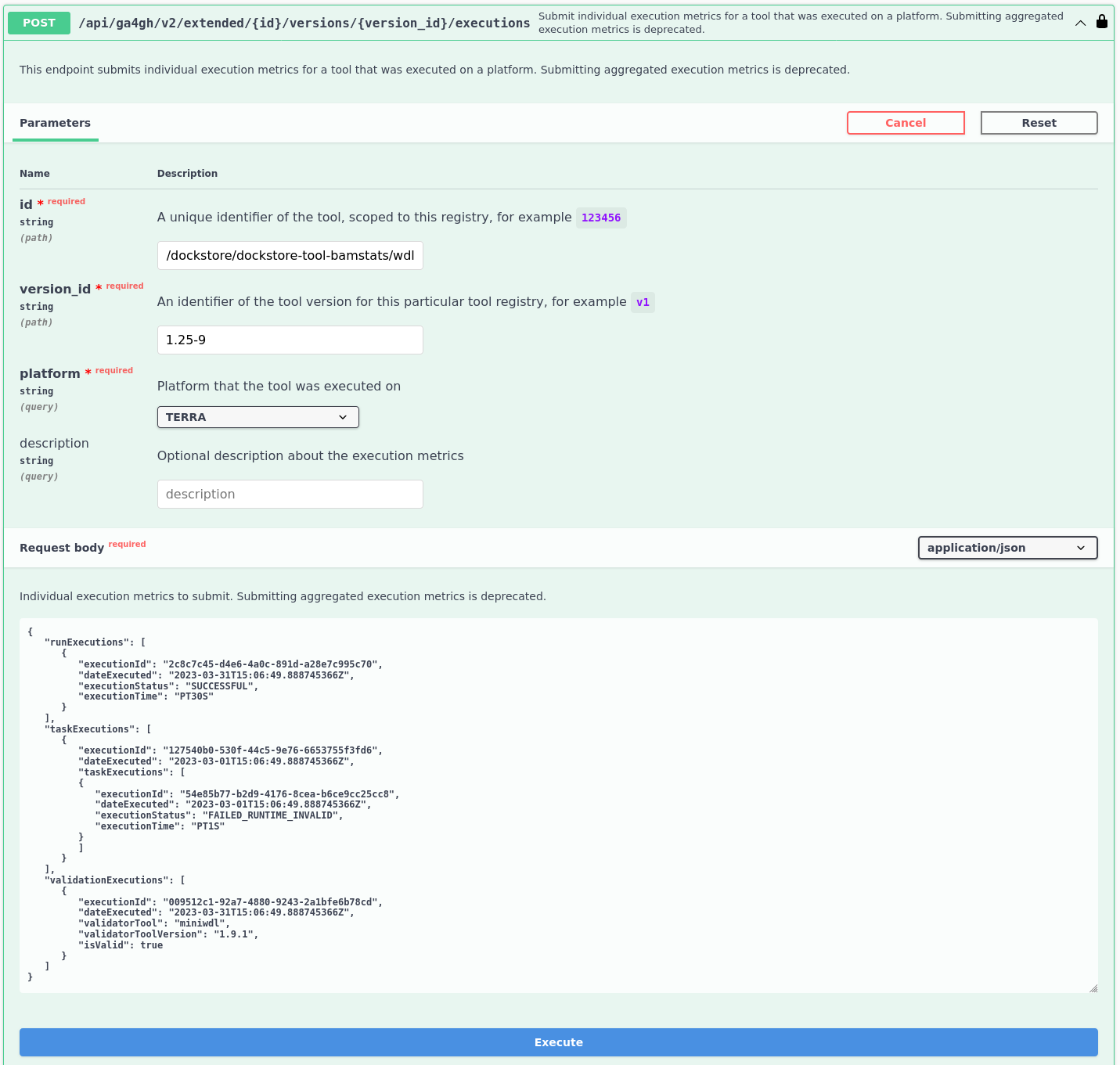 Example request for submitting individual workflow executions, task executions and validation executions